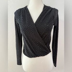 WINDSOR Women’s Mesh Beaded Wrap Blouse Black Long Sleeve Size S Party